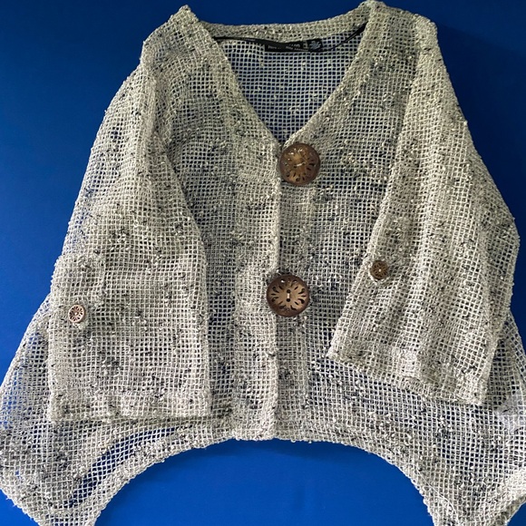 Nina Leonard Crochet Bolero Boho Lagenlook Cardigan XL Open Weave Sharkbite Hem - Picture 1 of 5